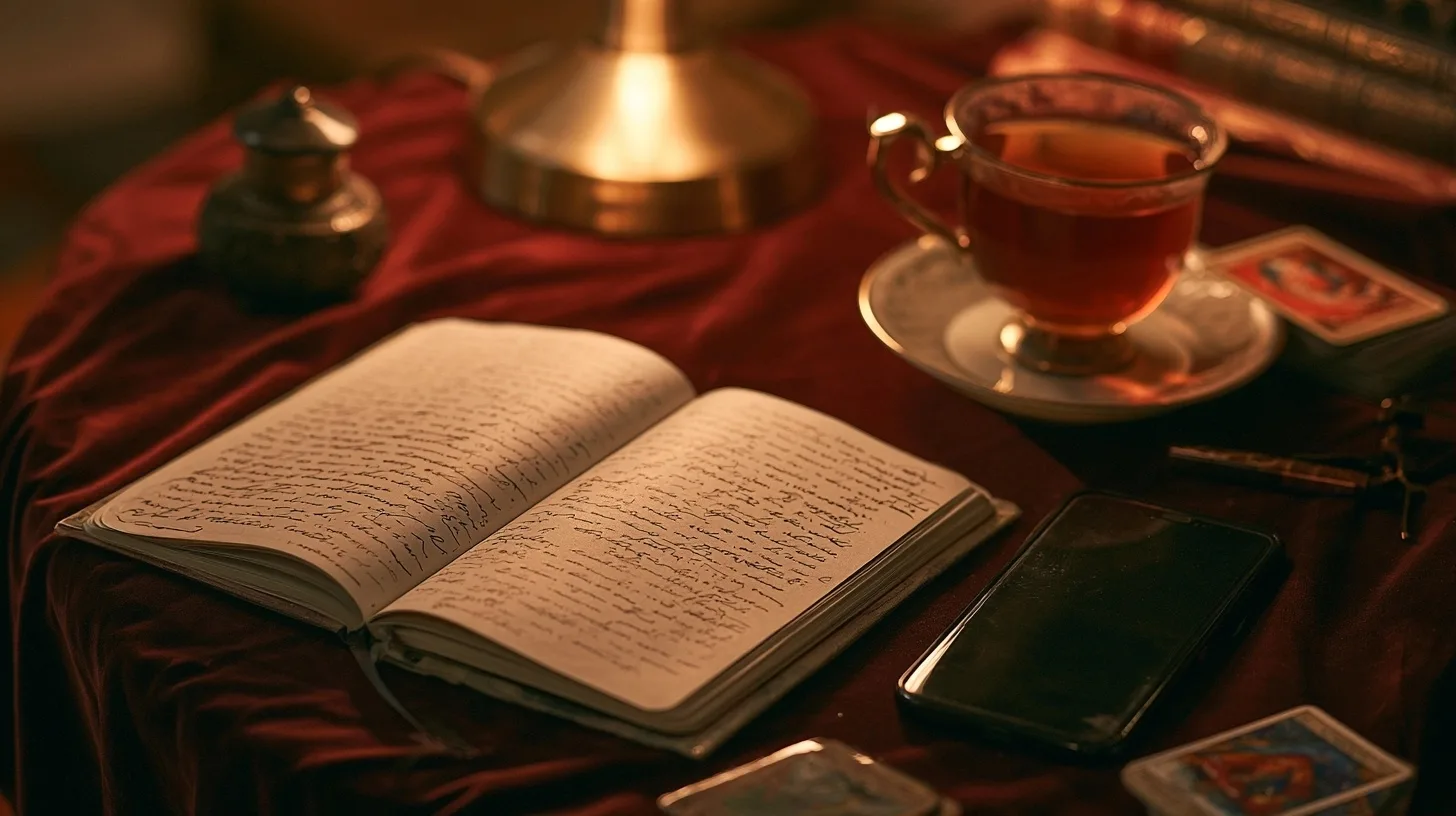 Carnet ouvert, téléphone posé et cartes de tarot dans une lumière douce bordeaux et dorée