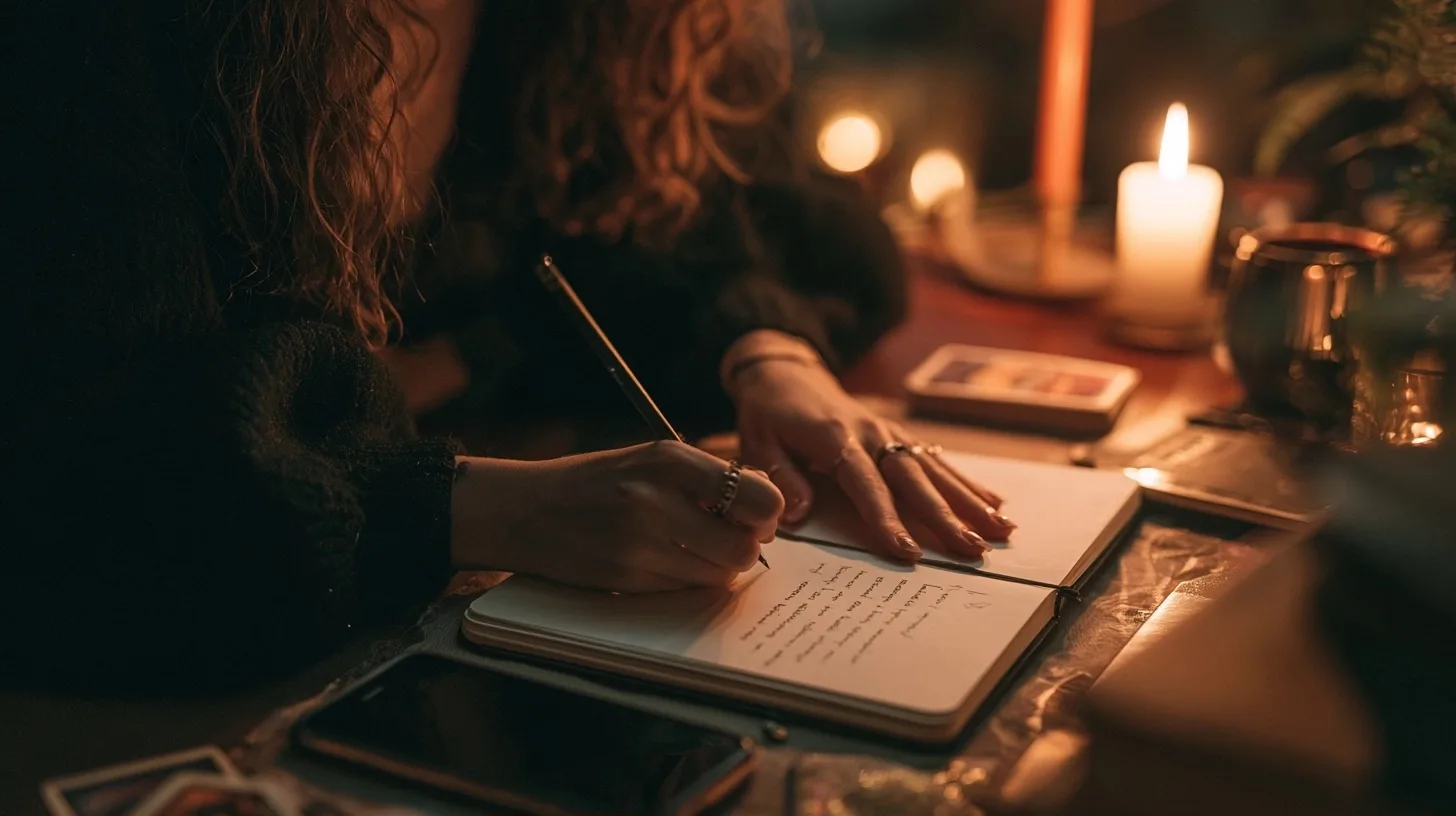 Personne écrivant une question dans un carnet près de cartes de tarot, dans une ambiance douce