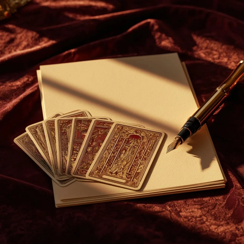 Cartes de tarot, stylo et papier dans une ambiance bordeaux et or pour clarifier une question amoureuse