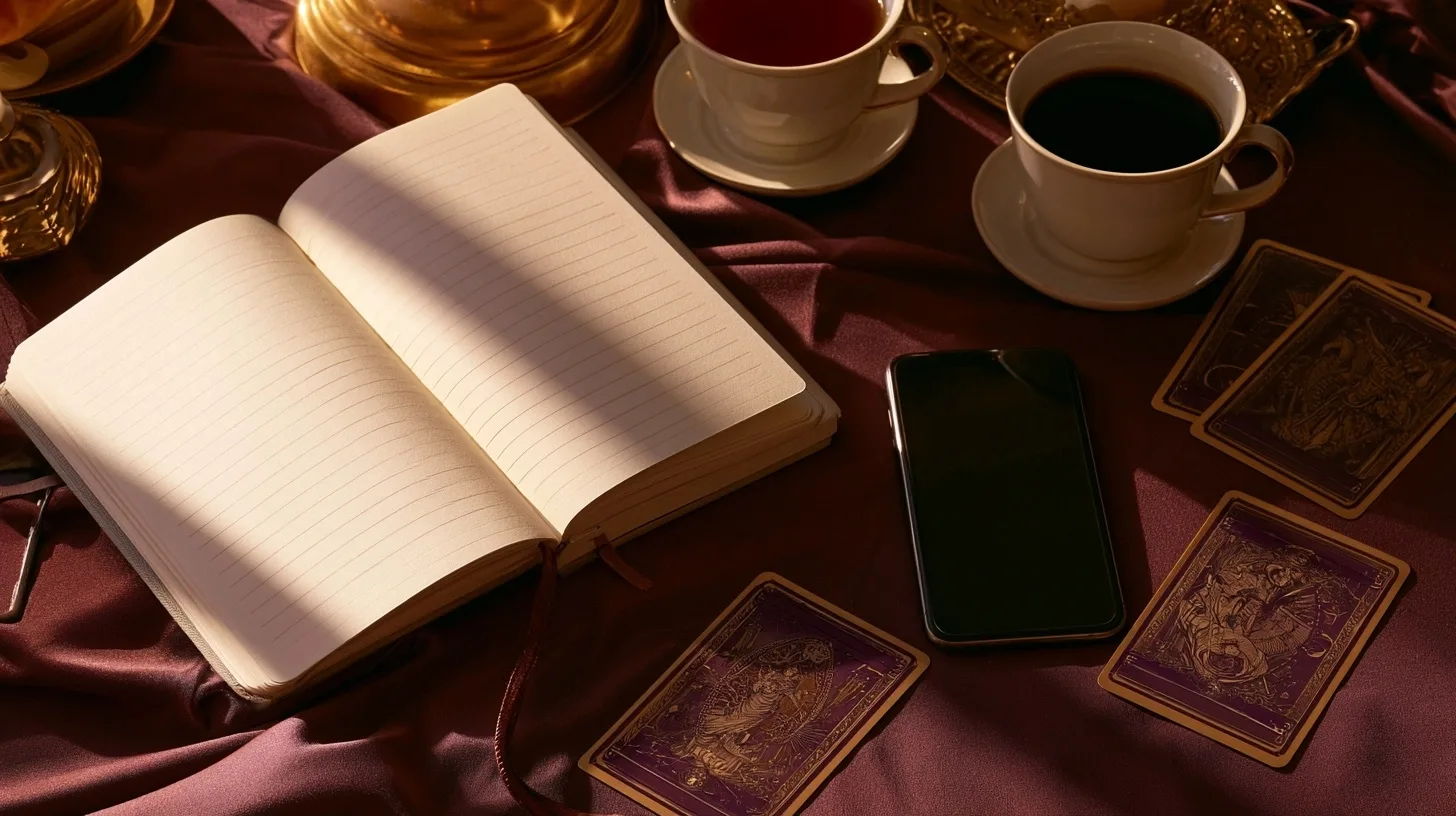 Carnet et téléphone posés près de cartes de tarot pour réfléchir à un retour sentimental intermittent