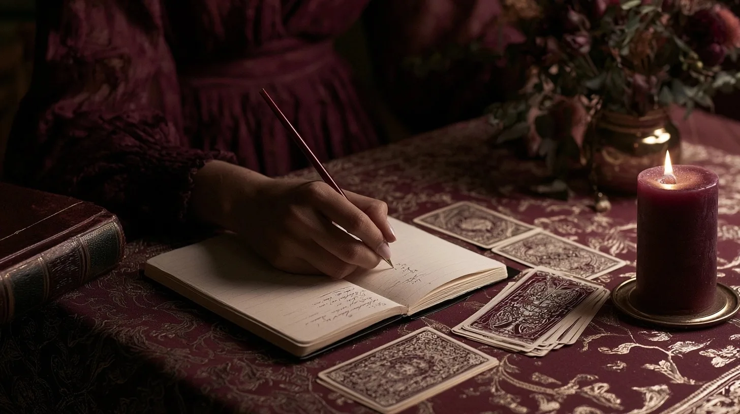 Carnet, bougie douce et cartes de tarot pour préparer une question sentimentale écrite