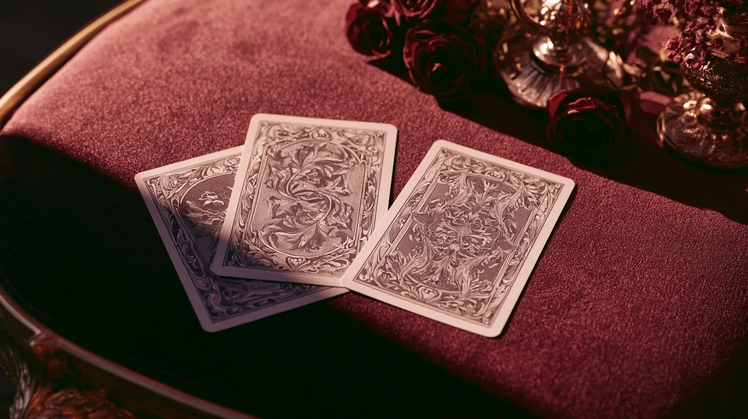 Cartes de tarot dans une lumière bordeaux et or pour lire les tensions d’un couple