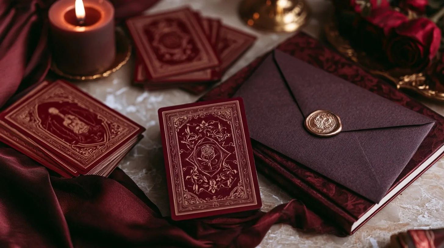 Cartes de tarot, enveloppe et carnet dans une ambiance douce pour préparer une guidance écrite