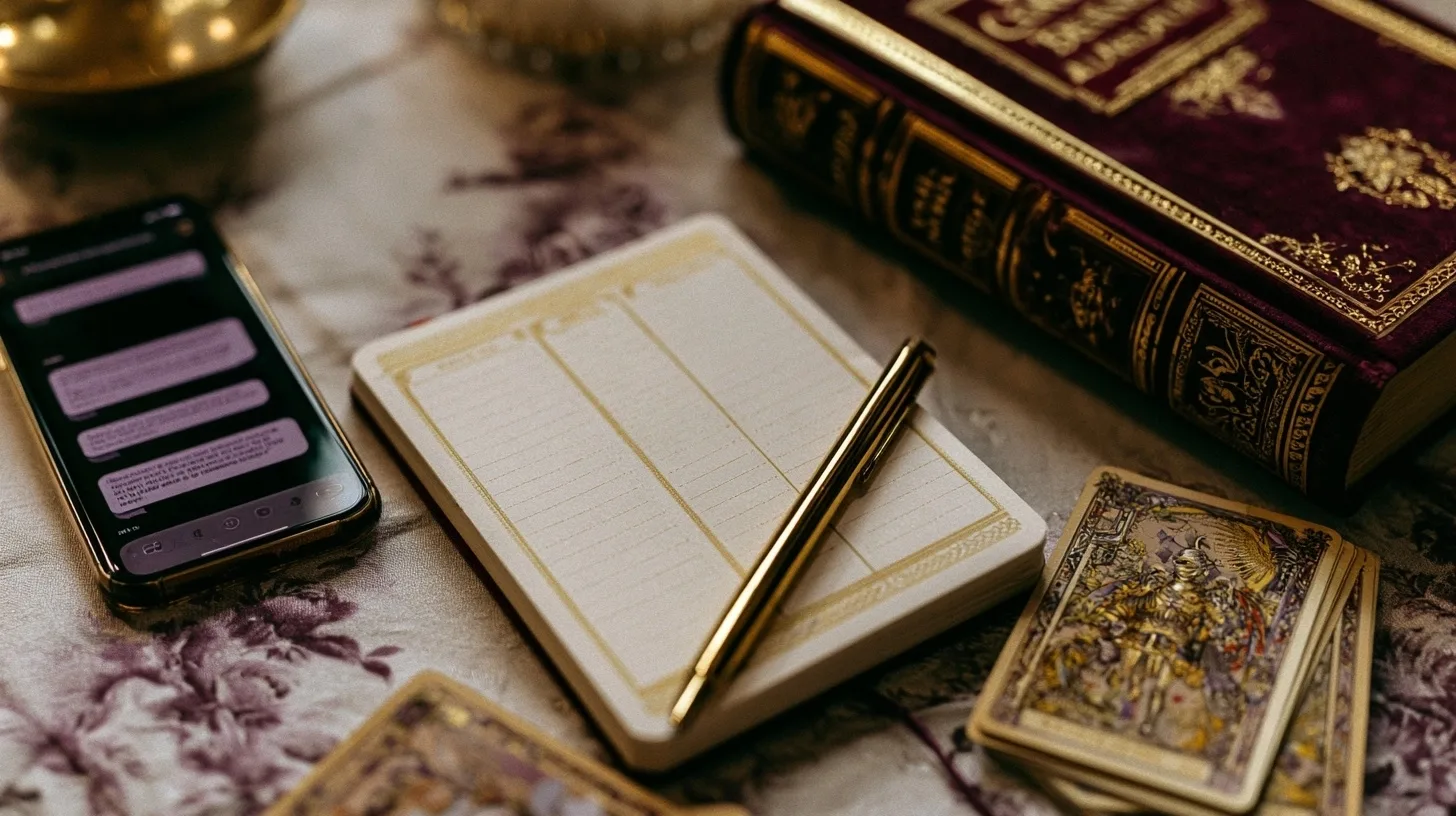 Téléphone avec conversation floutée, carnet ouvert et lumière bordeaux pour analyser des messages ambigus