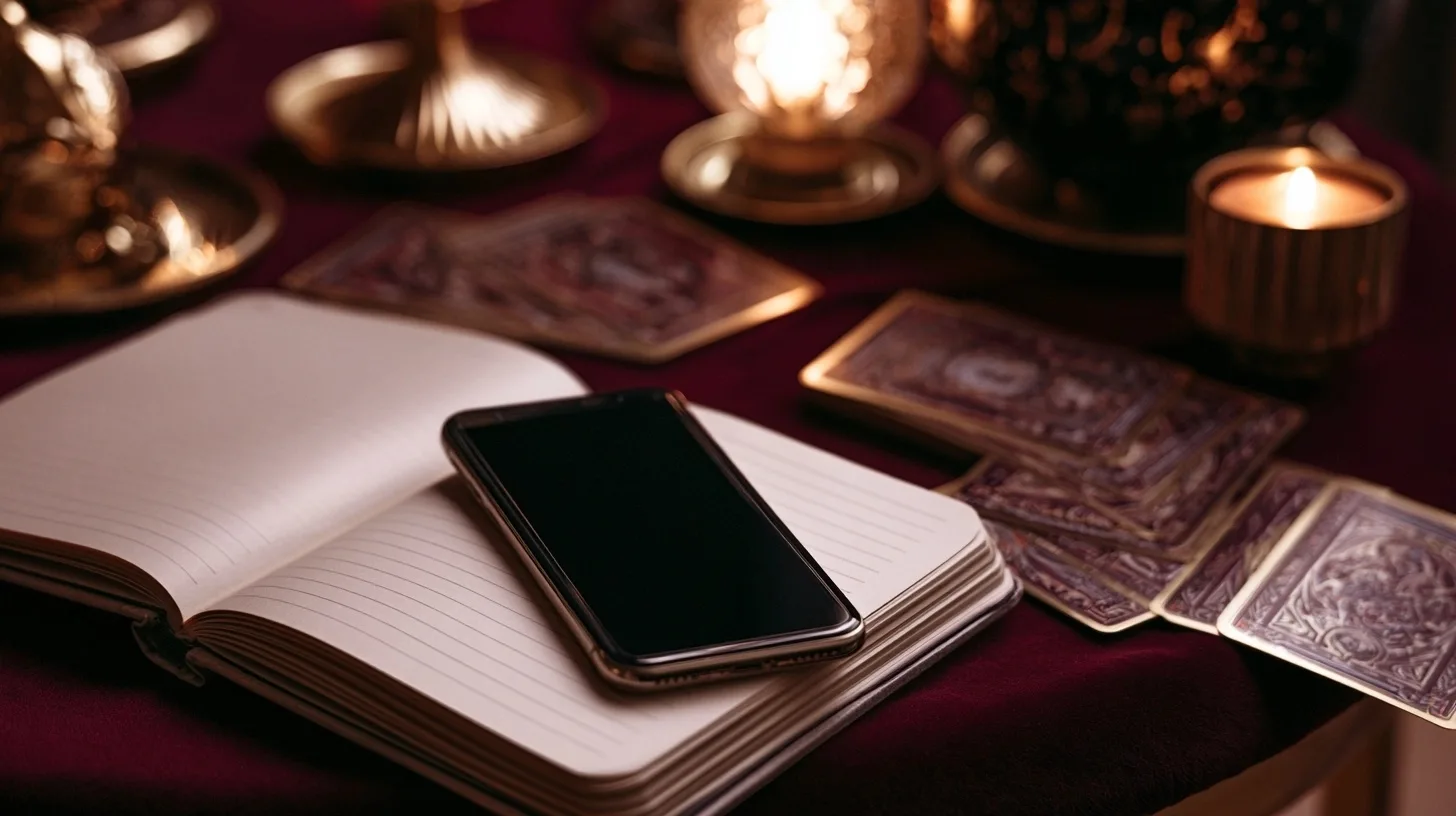 Téléphone posé près d’un carnet et de cartes de tarot pour prendre du recul face aux messages d’un ex