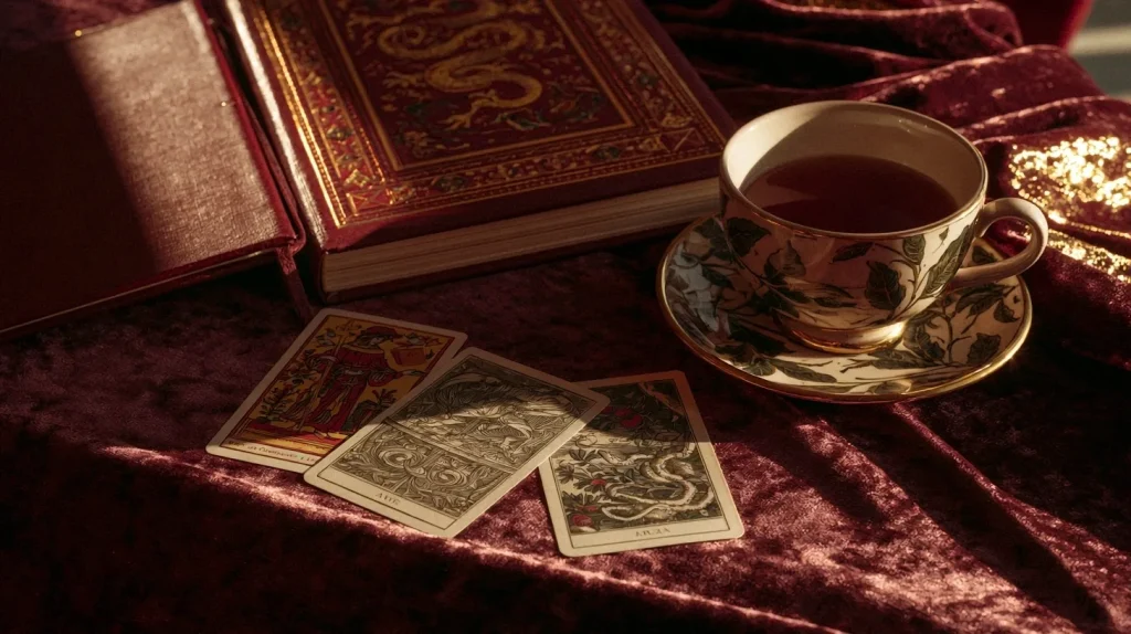 Cartes de tarot et journal fermé pour choisir la question prioritaire d’un tirage par mail