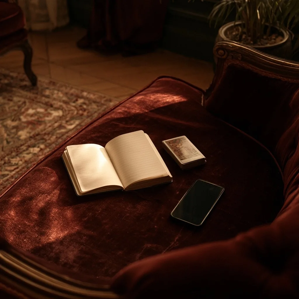 Carnet ouvert, jeu de tarot et téléphone posé dans une ambiance bordeaux chaleureuse