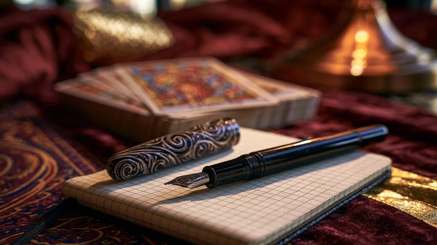 Stylo, carnet et jeu de tarot pour formuler une question personnelle