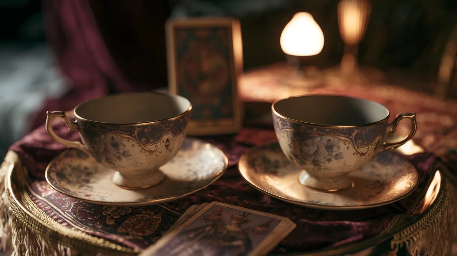 Deux tasses et un jeu de tarot dans une lumière douce