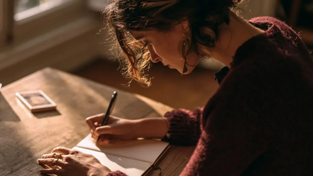 Personne écrivant calmement dans un carnet près d’un téléphone et de cartes de tarot