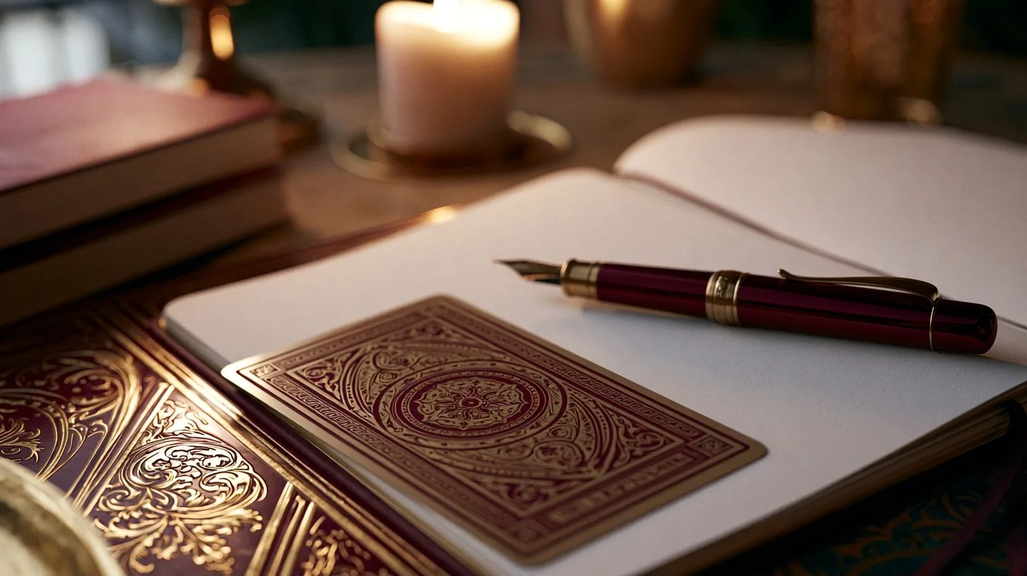 Carnet ouvert, stylo et carte de tarot pour préparer une question sentimentale