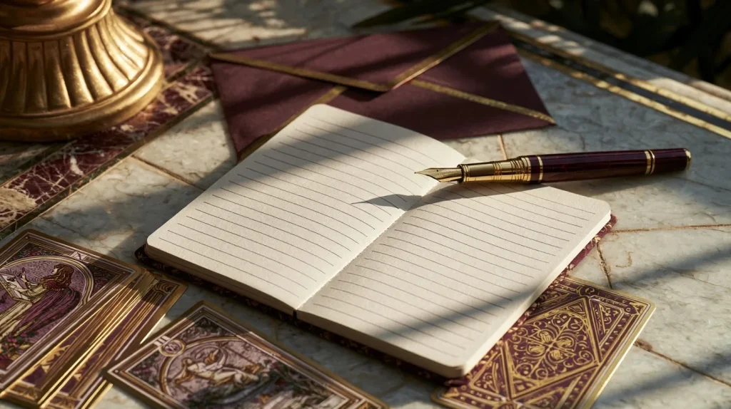 Carnet et cartes de tarot pour formuler des questions claires avant une guidance écrite