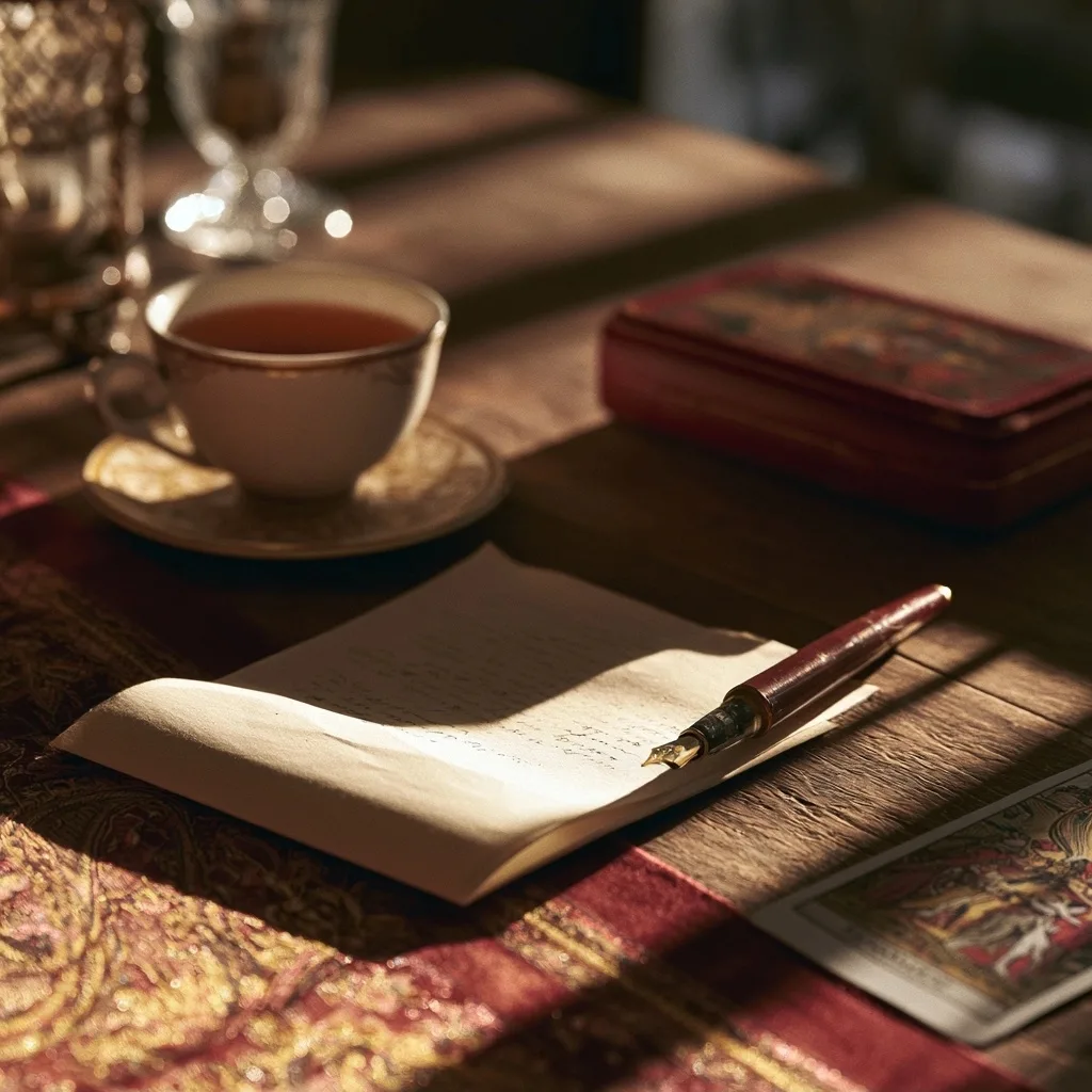 Lettre, stylo, tasse de thé et cartes de tarot dans une lumière douce
