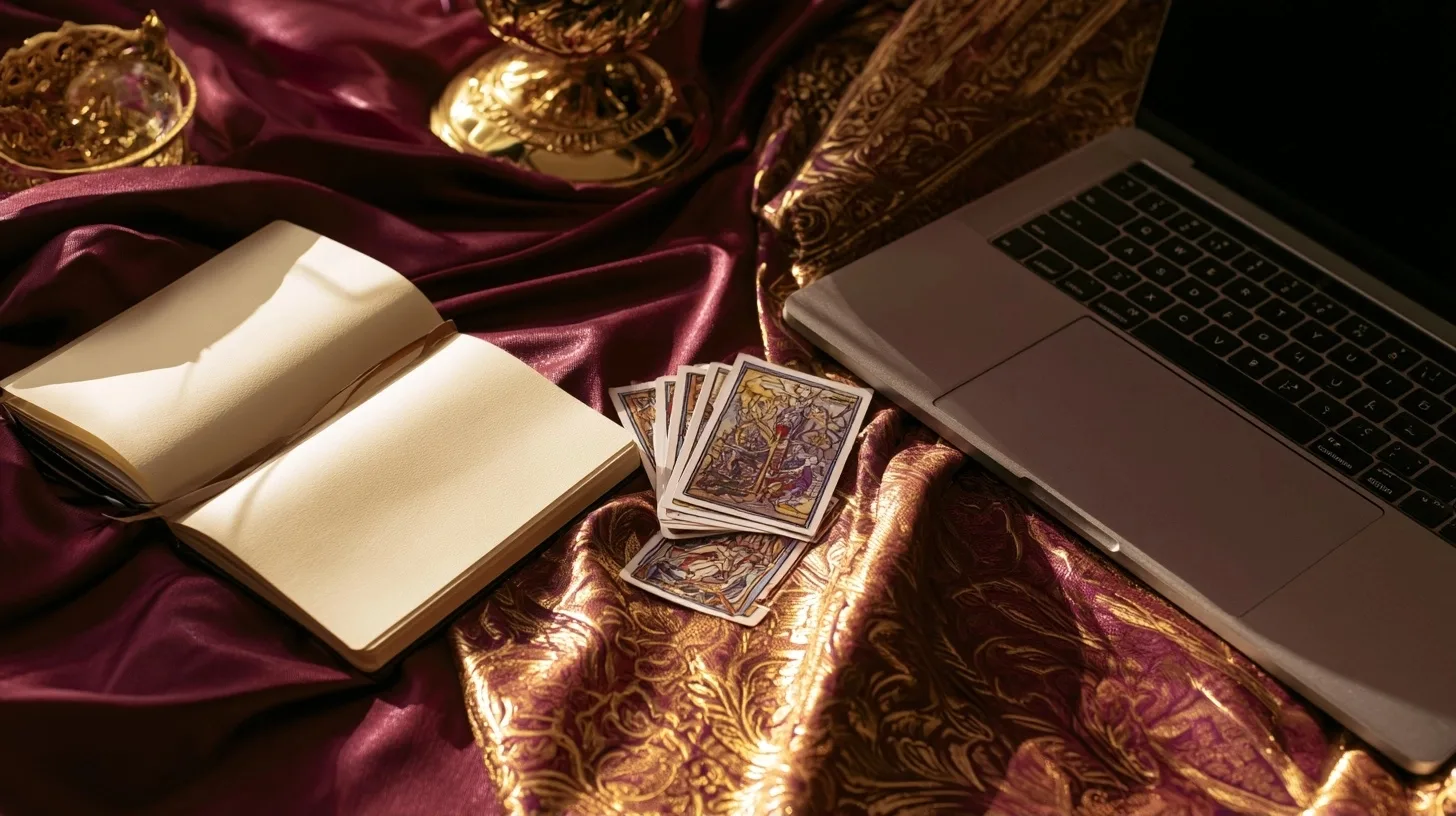 Carnet et cartes de tarot pour préparer une demande de voyance par mail