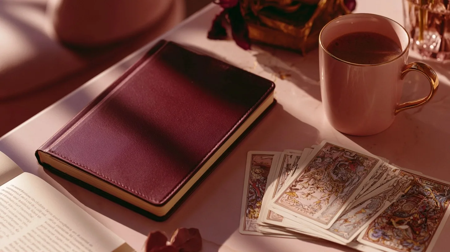 Carnet fermé, tasse et cartes de tarot pour formuler une demande sentimentale avec recul