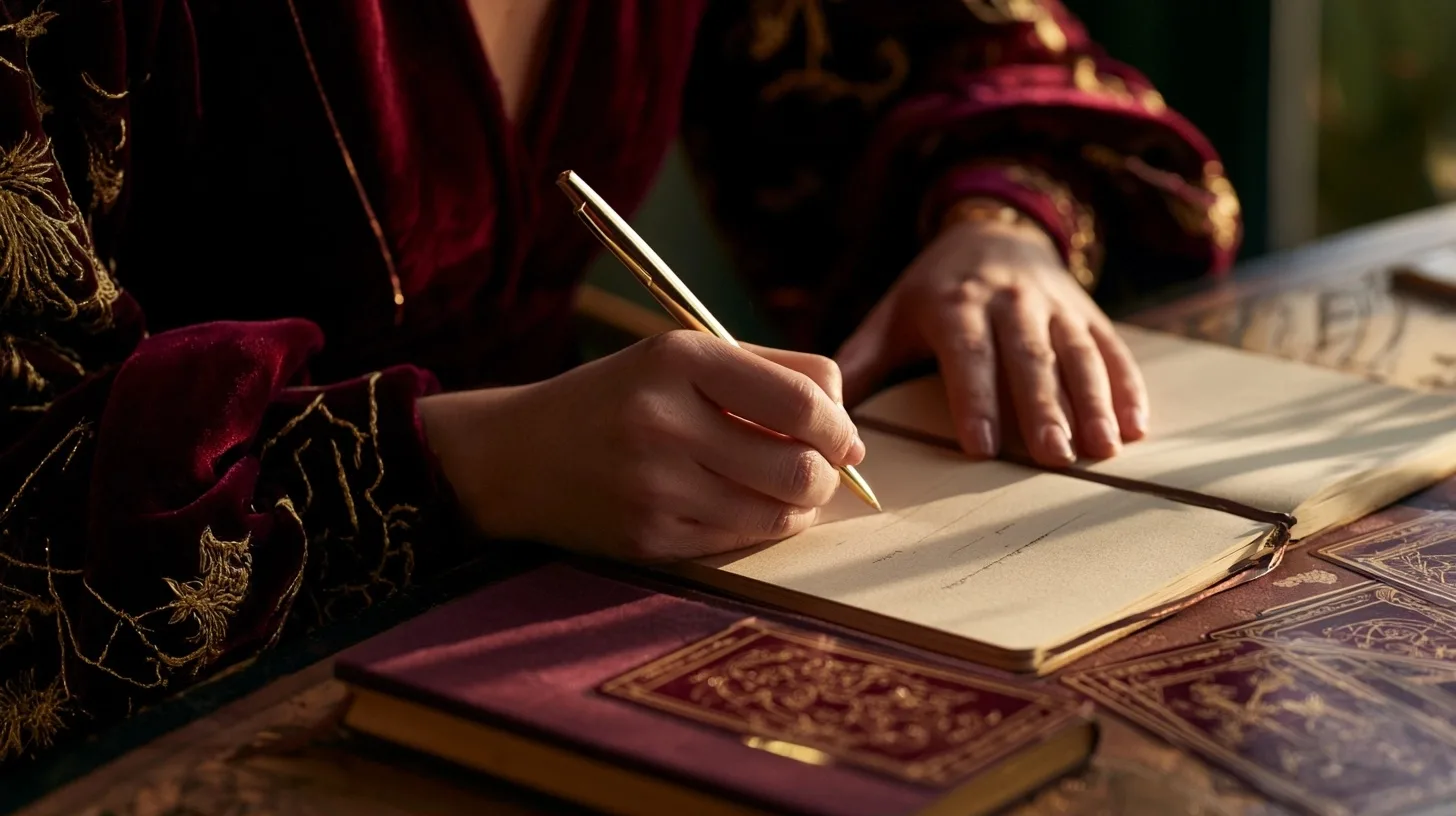 Personne qui prépare une question sentimentale dans un carnet avec des cartes de tarot