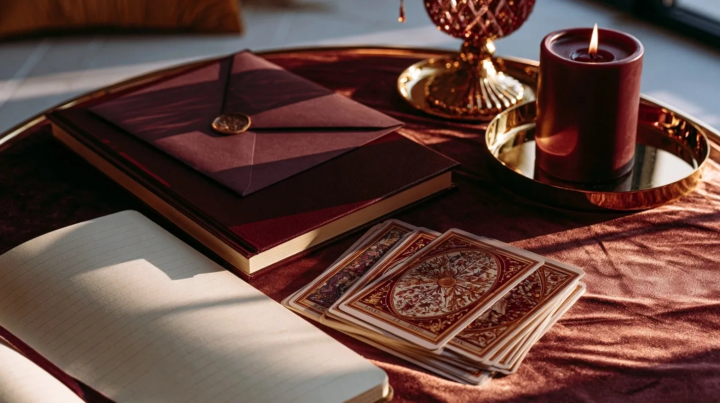 Enveloppe, carnet et tarot pour formuler une demande sentimentale responsable par écrit