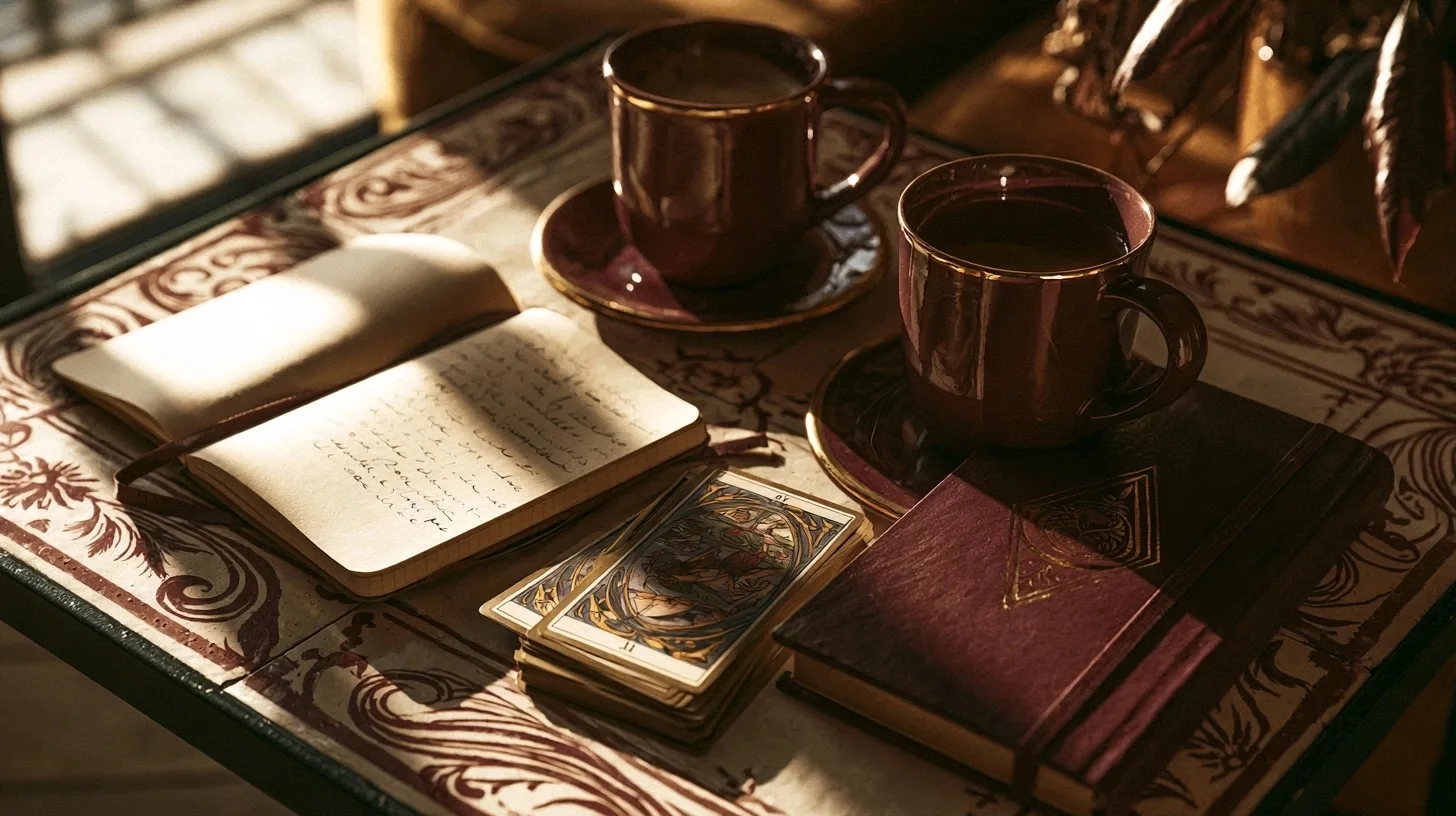 Deux tasses, un carnet et des cartes de tarot pour faire le point sur une relation discrète