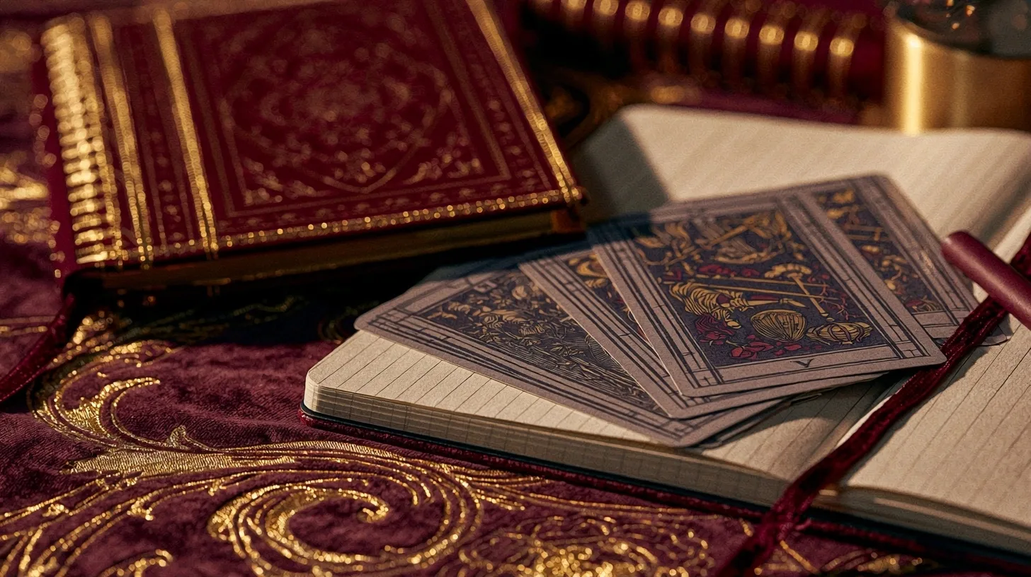 Carnet et cartes de tarot pour préparer des questions sur une relation cachée