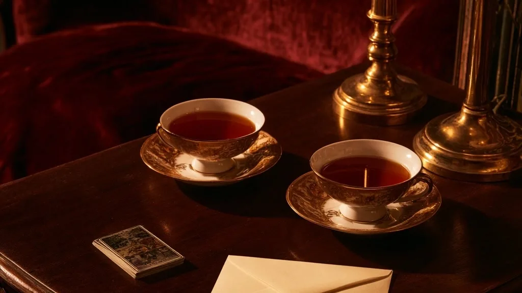 Deux tasses séparées, tarot et enveloppe dans une ambiance bordeaux et dorée