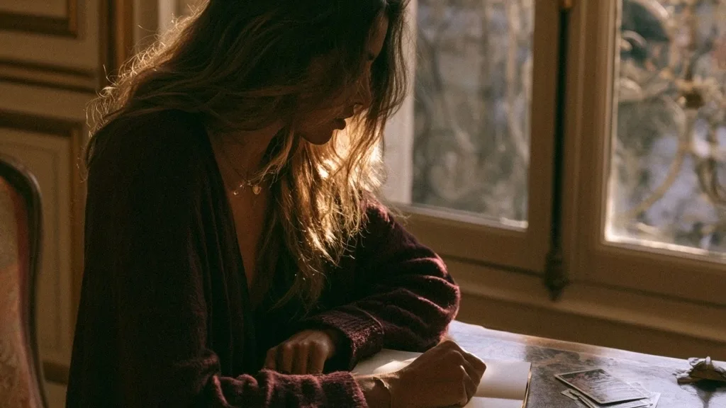 Femme de dos fermant un carnet près d’une fenêtre, téléphone posé face contre table