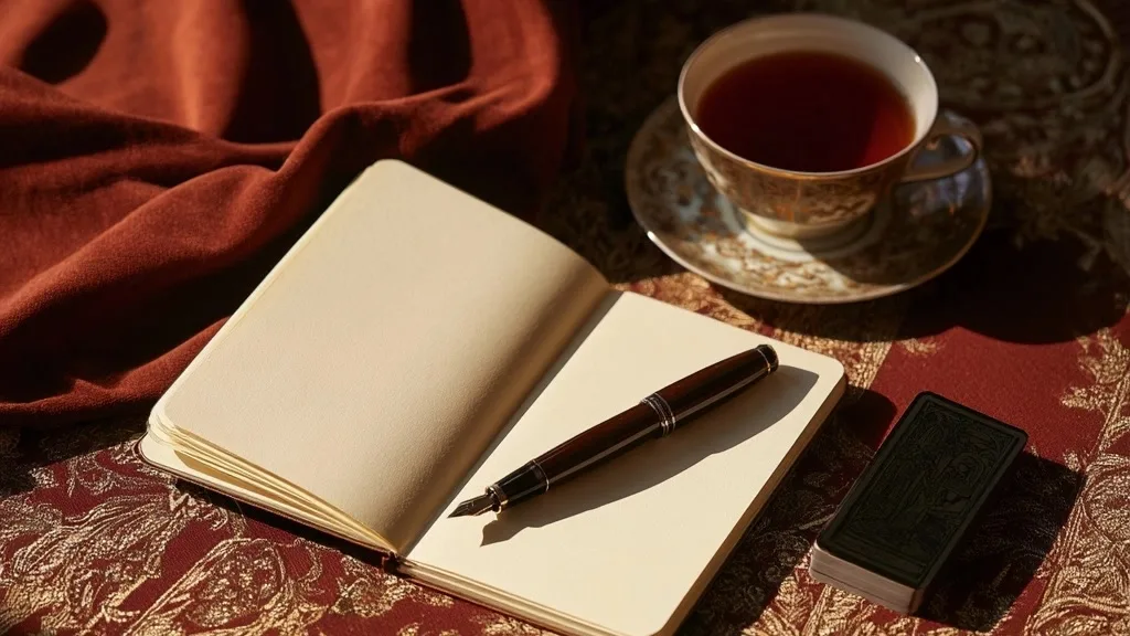 Carnet vierge, thé et cartes de tarot dans une lumière douce