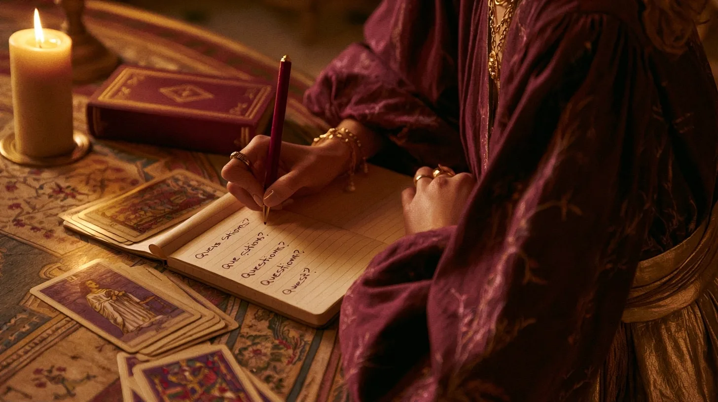 Carnet de questions et cartes de tarot pour préparer une consultation par mail