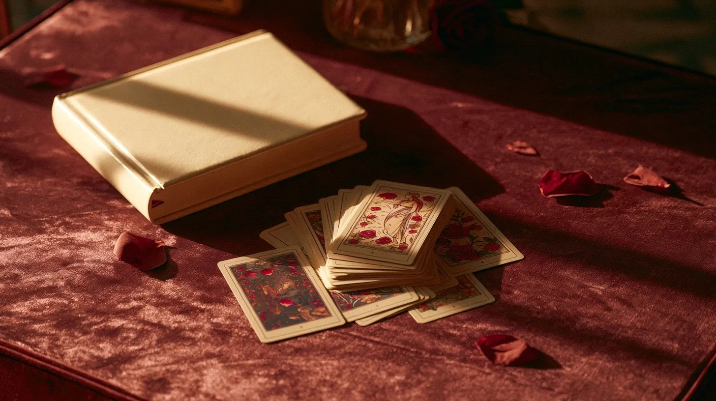 Cartes de tarot et carnet dans une ambiance bordeaux et dorée