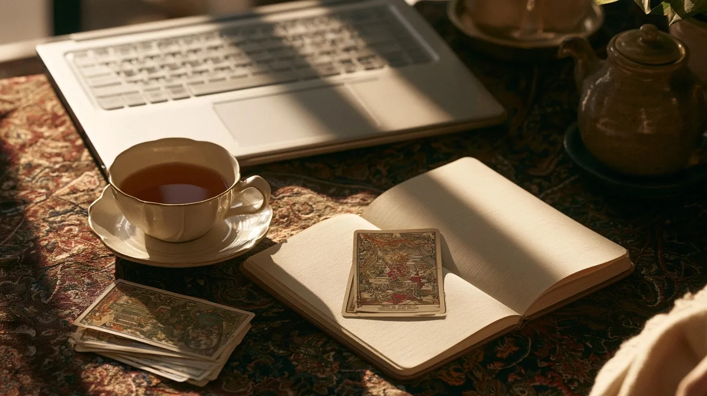 Tasse, carnet et cartes de tarot dans une ambiance apaisée pour relire une guidance