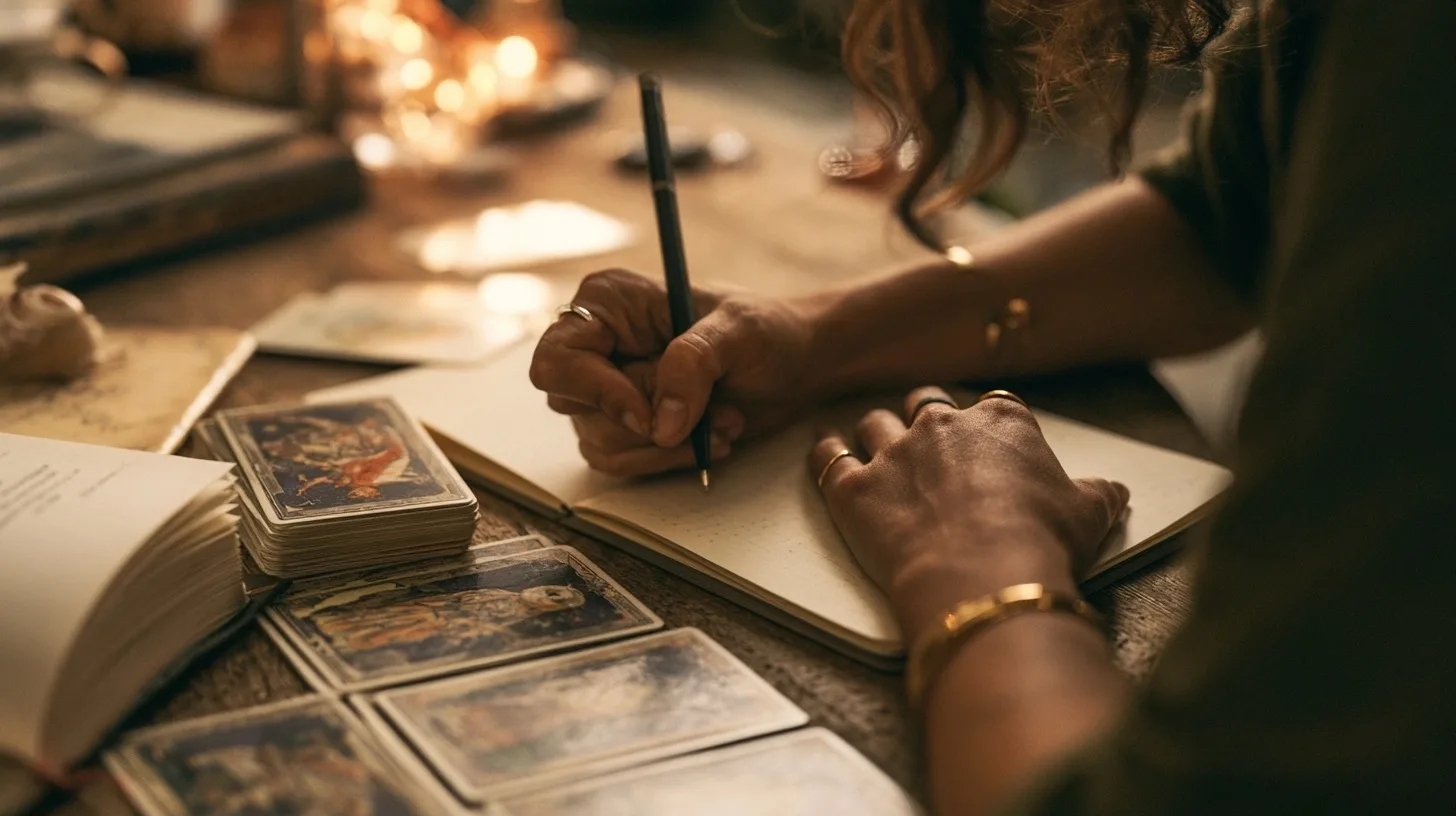 Personne écrivant calmement une question dans un carnet près de cartes de tarot