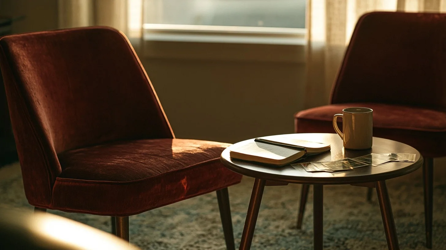Deux fauteuils bordeaux face à une table avec carnet et cartes de tarot
