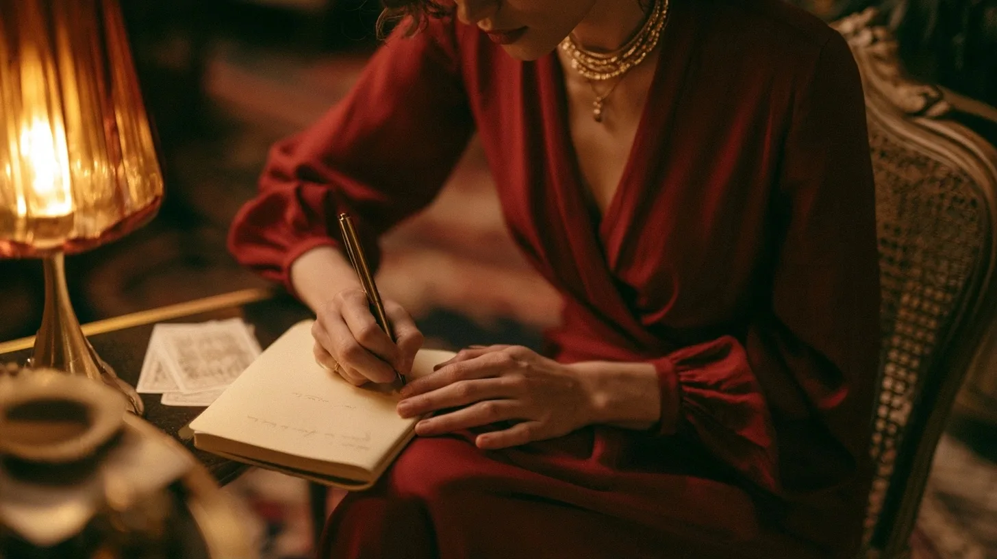 Femme écrivant une question sentimentale dans un carnet près de cartes de tarot
