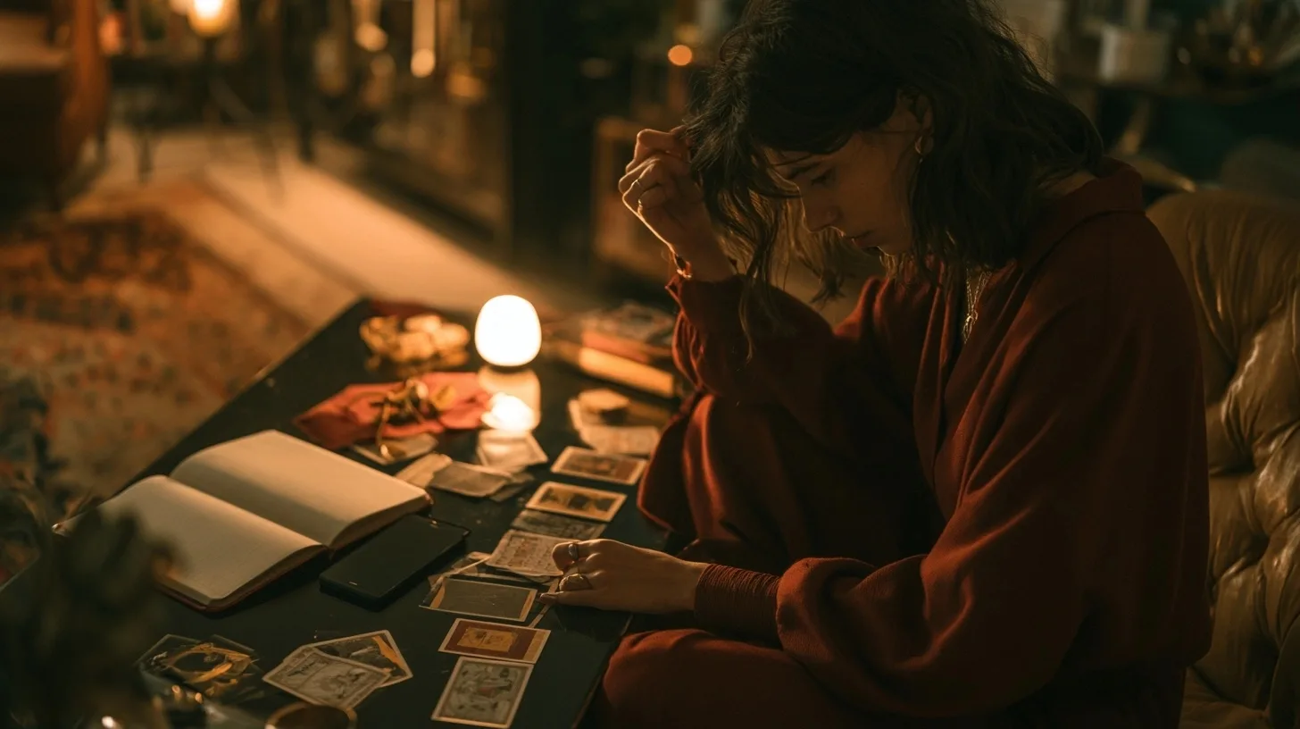 Femme réfléchissant devant un carnet et des cartes de tarot