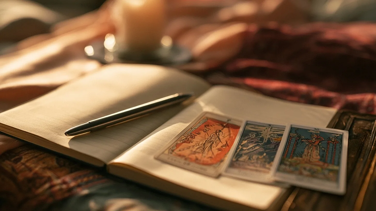 Carnet ouvert, stylo et cartes de tarot pour réfléchir à une relation