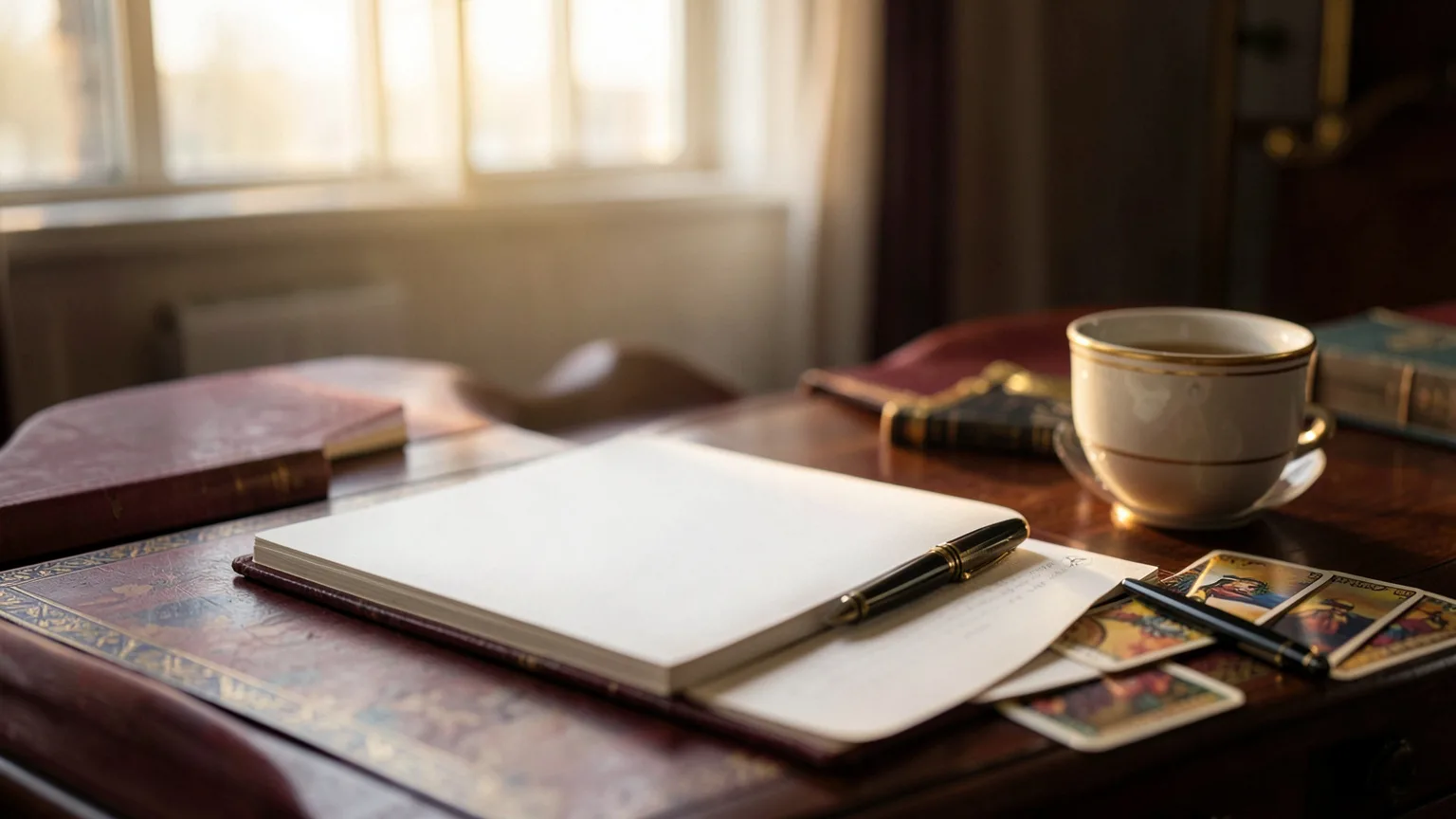 Carnet ouvert, stylo, tasse et cartes de tarot sur un bureau chaleureux