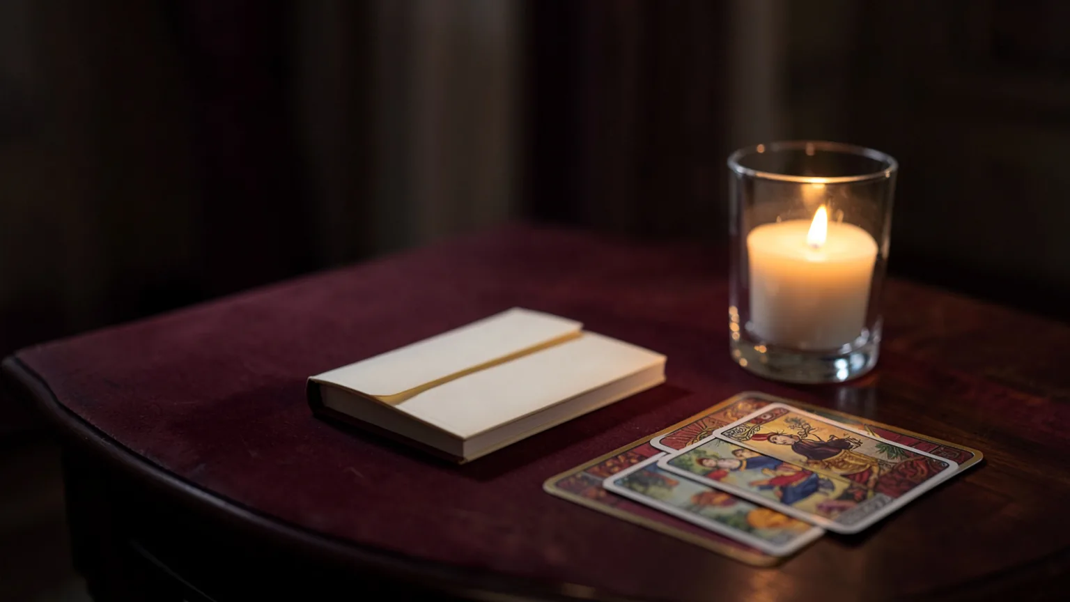 Carnet fermé, bougie et cartes de tarot sur une table bordeaux
