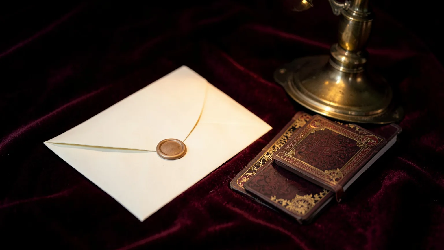 Enveloppe crème scellée et cartes de tarot sur un velours bordeaux