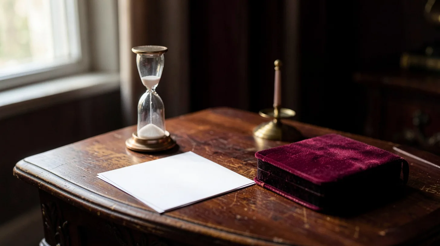 Sablier, cartes blanches et carnet bordeaux sur une table