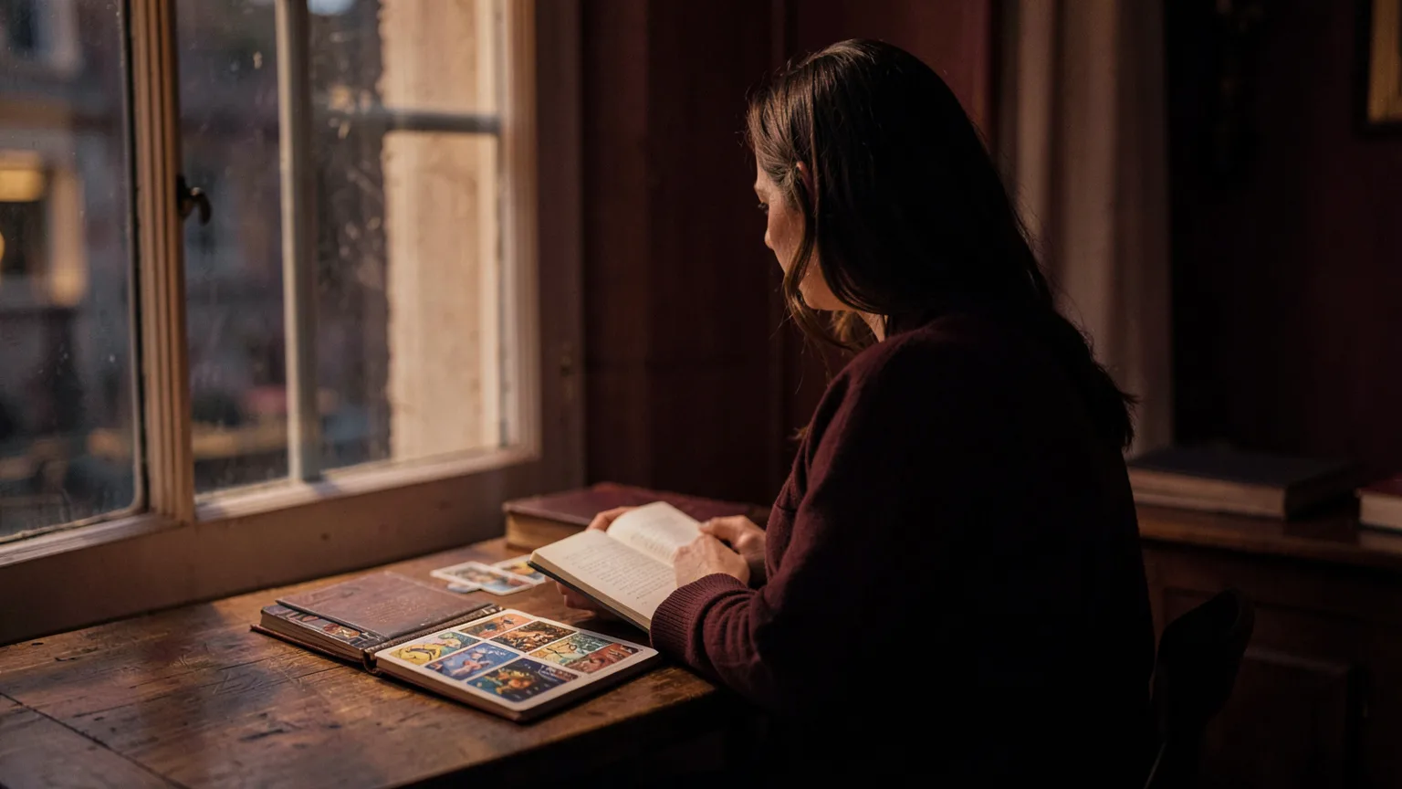 Femme réfléchissant près d’une fenêtre avec un jeu de tarot, pour illustrer les questions sentimentales à poser avec recul.