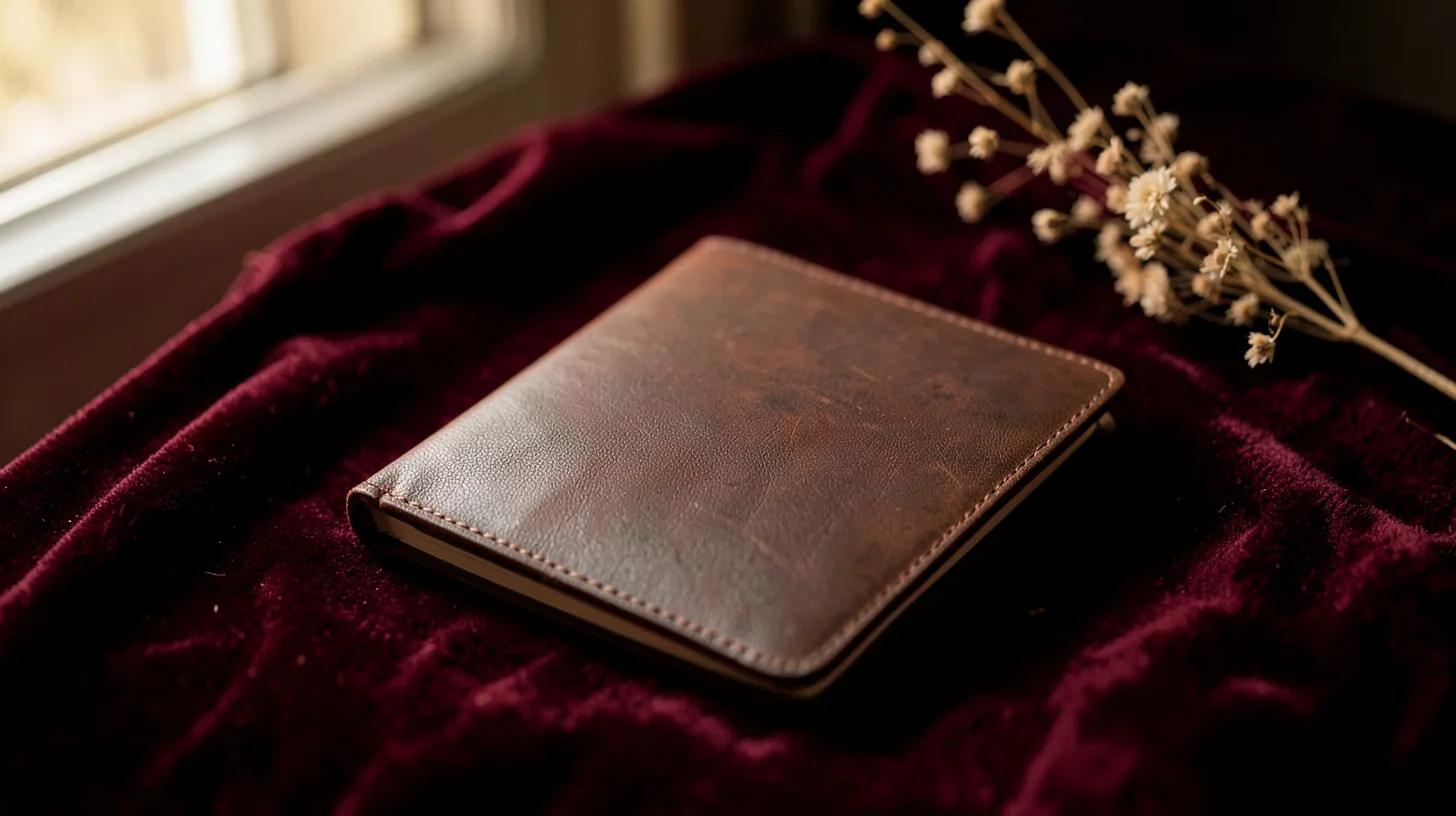 Carnet en cuir sur velours bordeaux dans une lumière douce