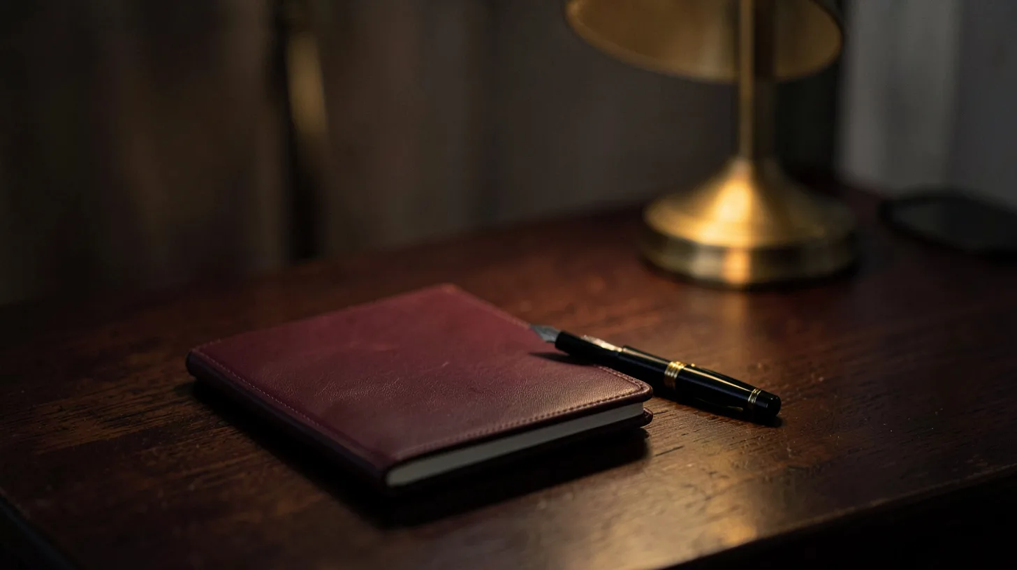 Carnet bordeaux fermé et stylo plume sur une table éclairée