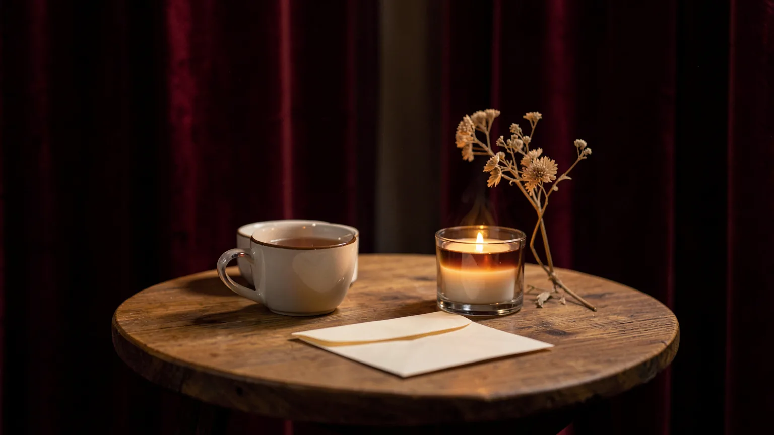 Table calme avec enveloppe vierge, bougie et tasse pour préparer une question sentimentale