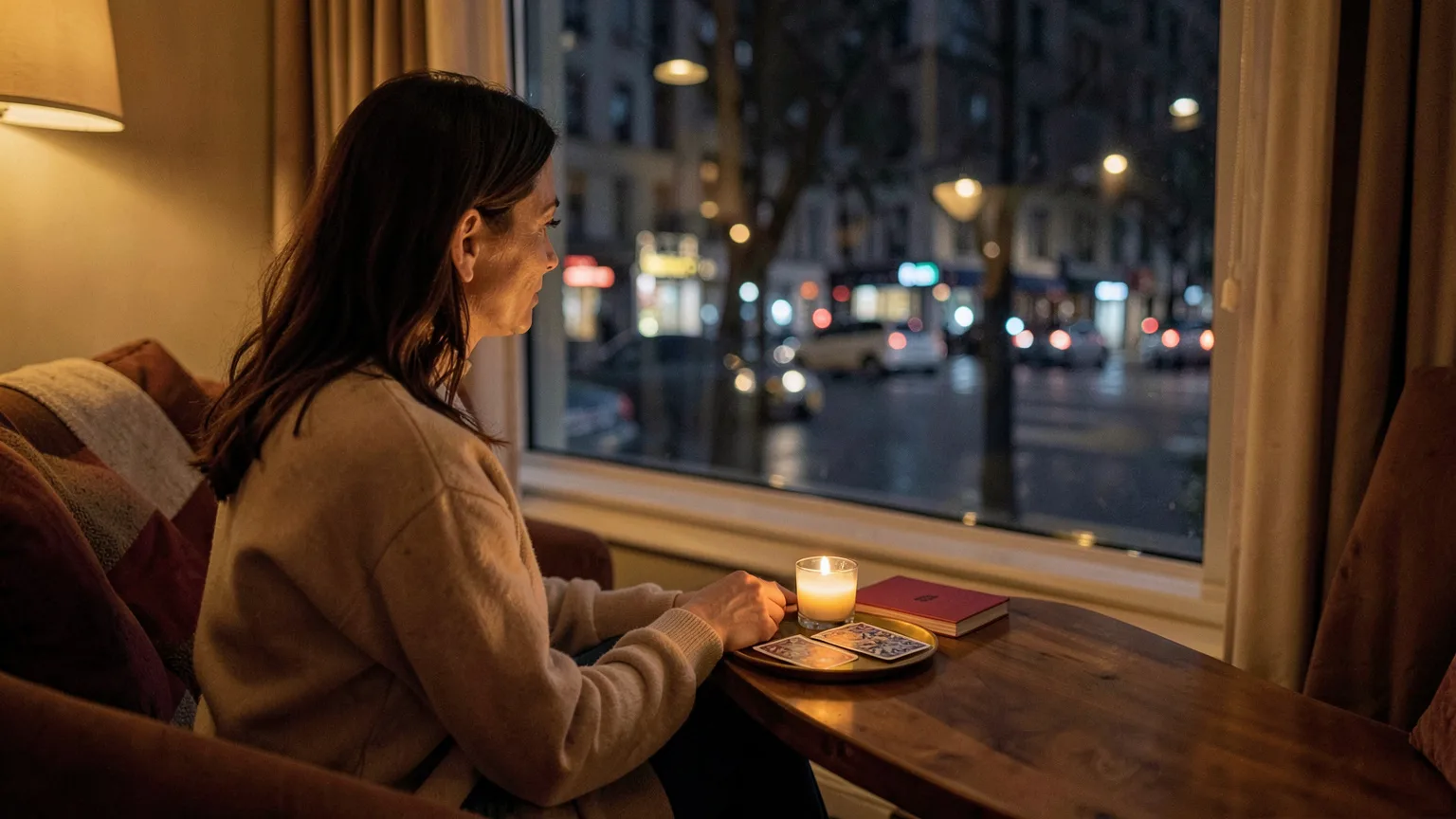 Femme assise près d’une fenêtre le soir, prenant du recul sur une situation amoureuse