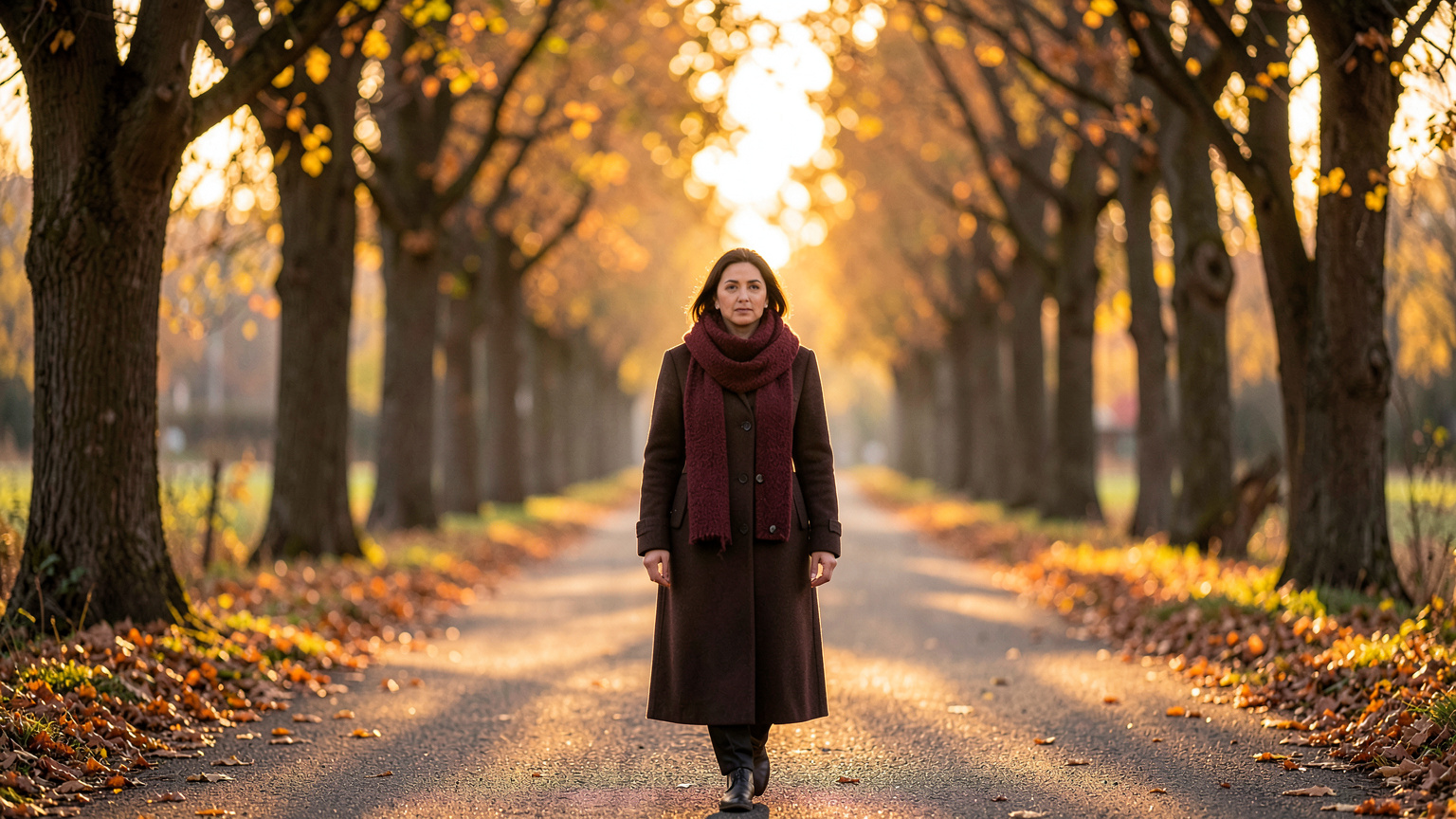 Femme marchant seule sur un chemin bordé d’arbres en lumière dorée, image de reprise de soi