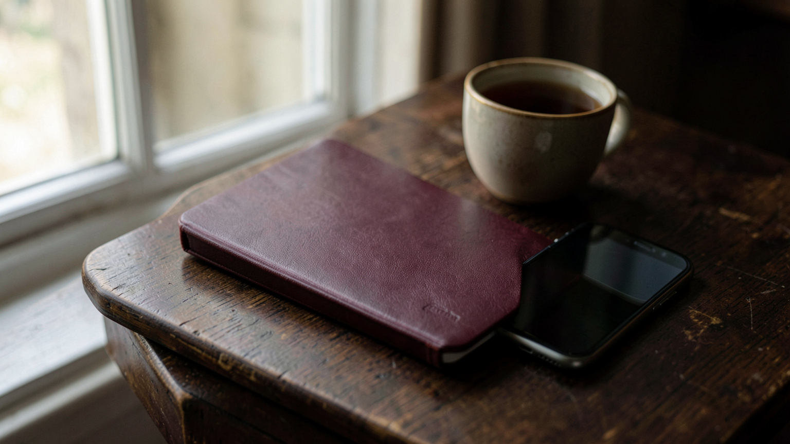Carnet bordeaux fermé, téléphone posé et tasse de thé pour prendre du recul après une rupture
