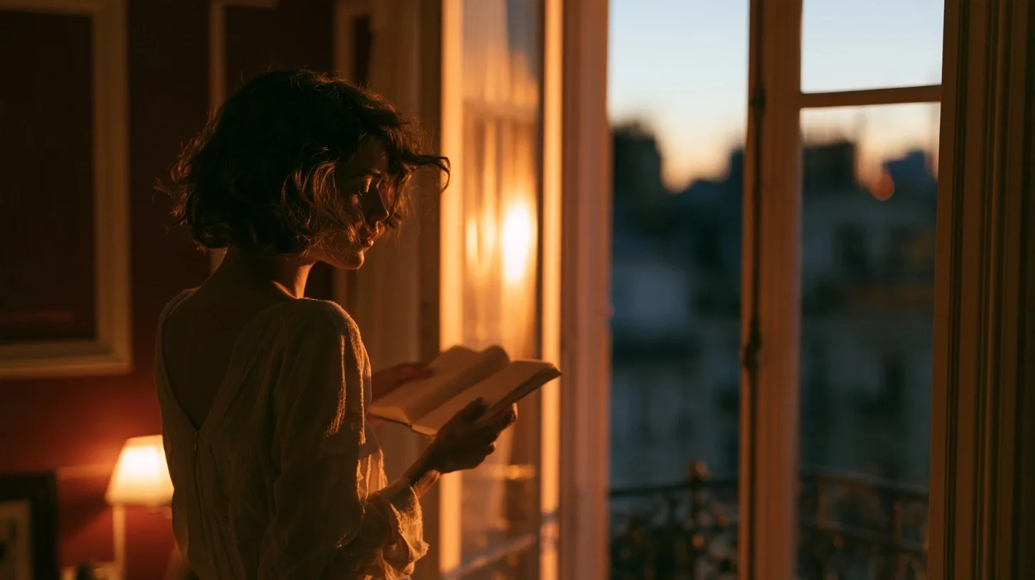 Femme de dos devant une fenêtre au crépuscule avec un carnet